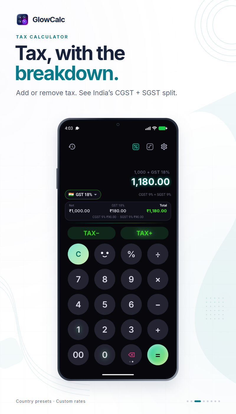 GlowCalc: Tax, with a breakdown. Add or remove tax and see the split, including India's CGST and SGST.