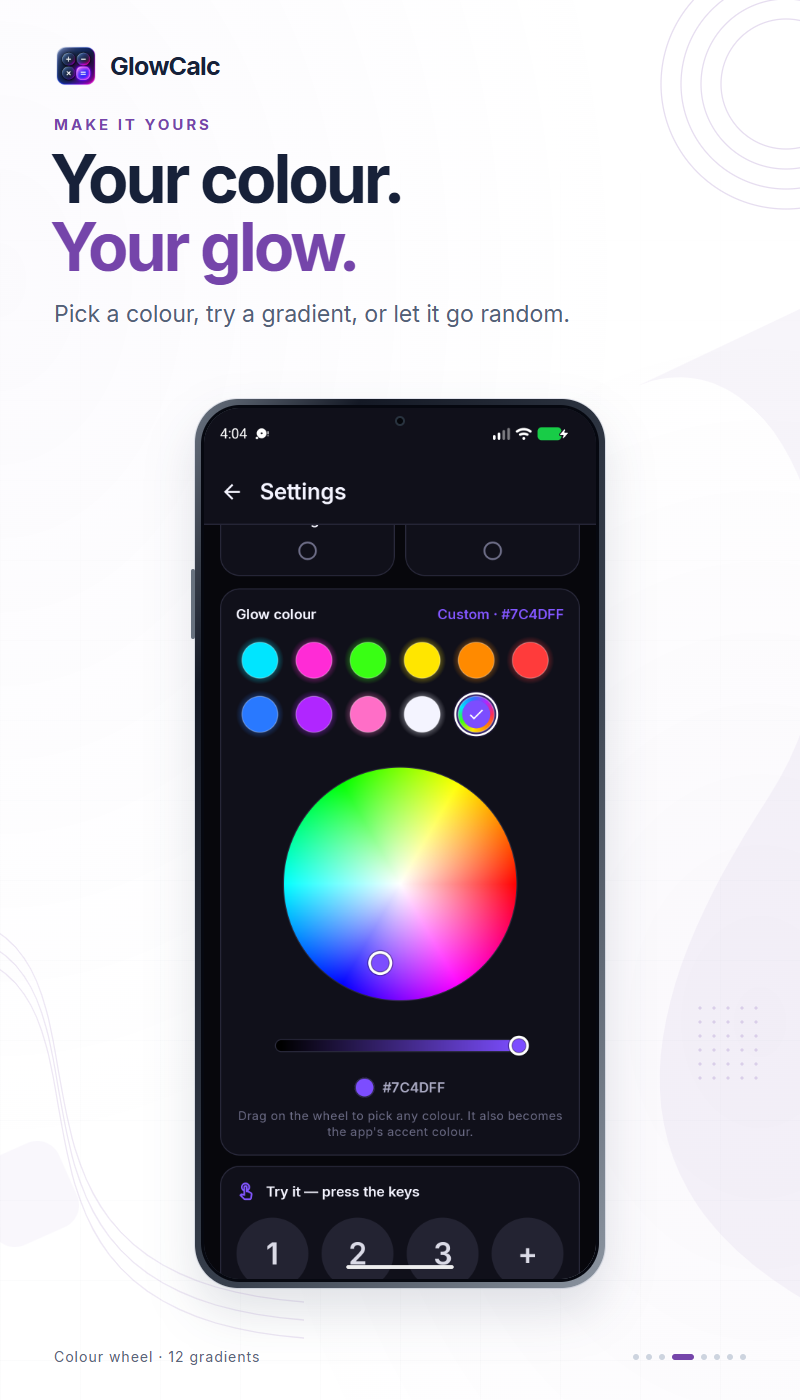 GlowCalc: Find your colour. Choose a glow colour, try a gradient or let the colour change at random.