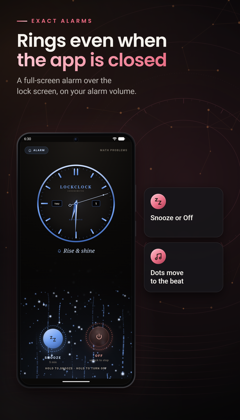 LockClock Aurum: Ready when it's time. A full-screen alarm appears over the lock screen with snooze and stop controls.