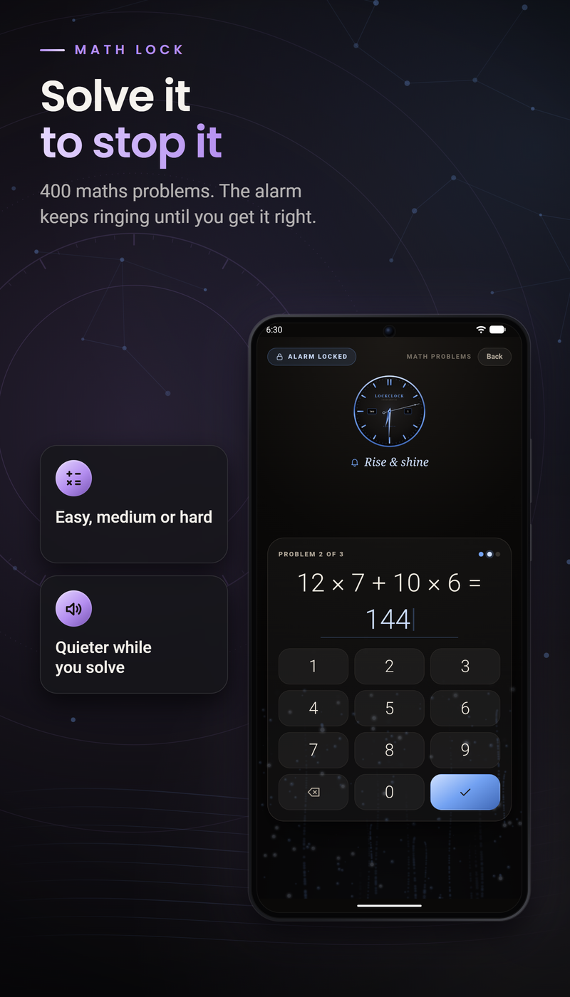 LockClock Aurum: Solve it to stop it. Use the math lock to solve a challenge before dismissing an alarm.