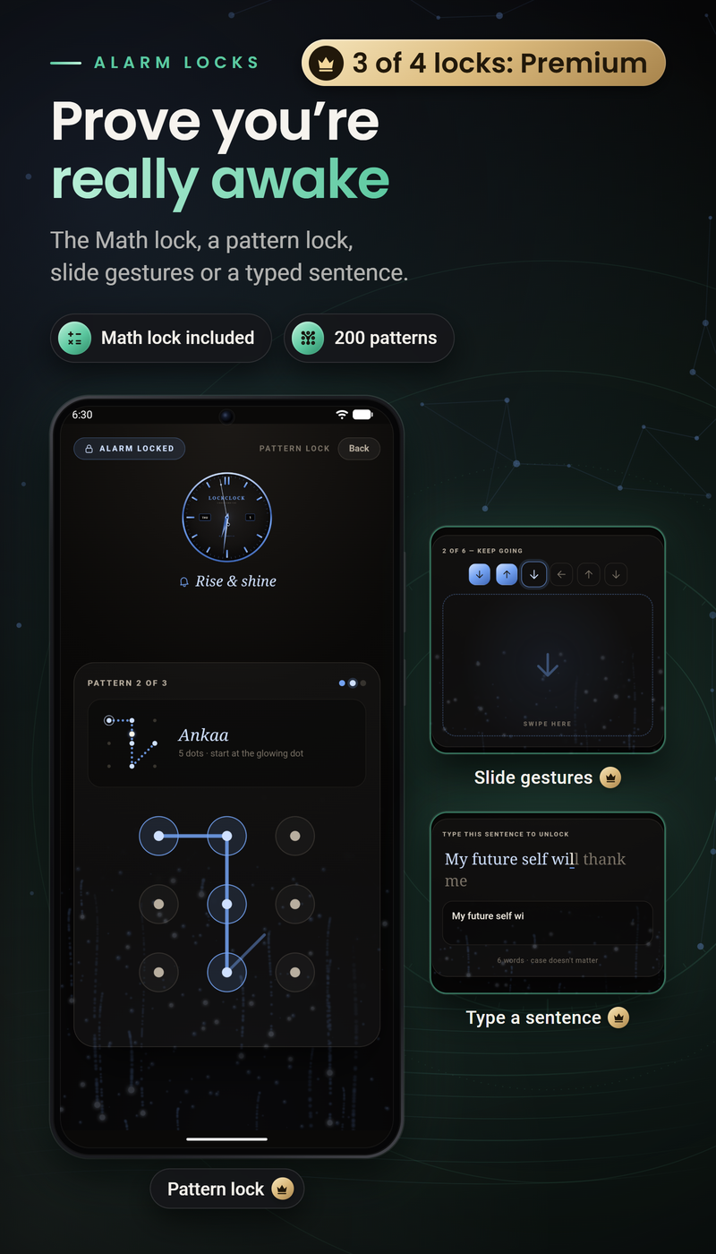 LockClock Aurum: A more intentional wake-up. Explore math, pattern, gesture and typing locks. Additional lock methods require Premium.