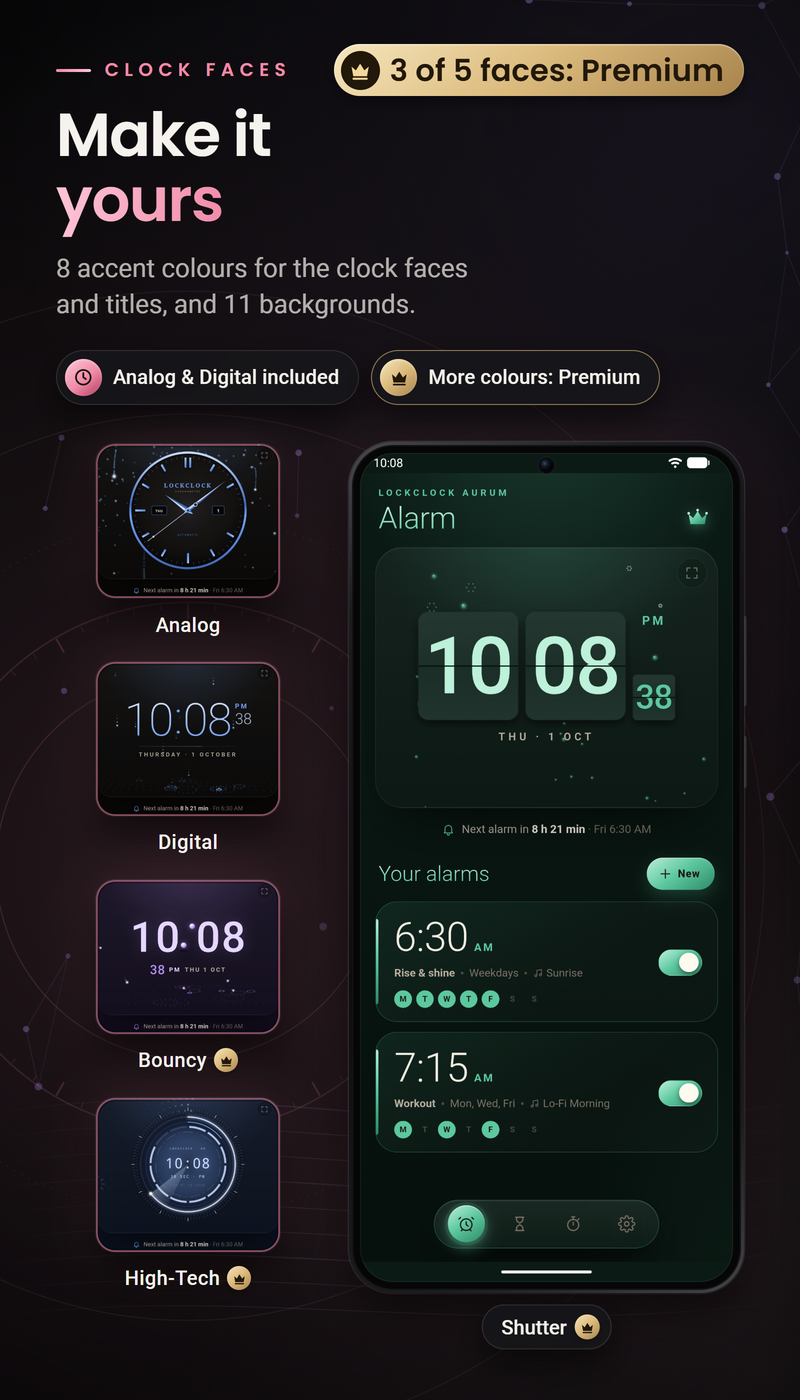 LockClock Aurum: A face that feels like you. Choose analog or digital faces, or explore additional styles with Premium.