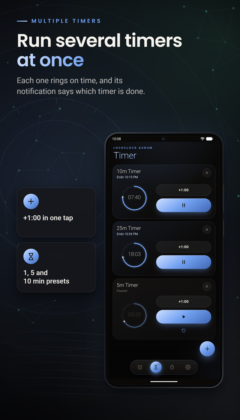 LockClock Aurum: Several timers, together. Run multiple timers, use quick presets and see which timer is done in its notification.