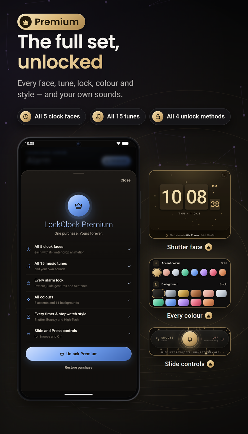 LockClock Aurum: The full set. Premium brings additional clock faces, tunes, unlock methods and appearance options.