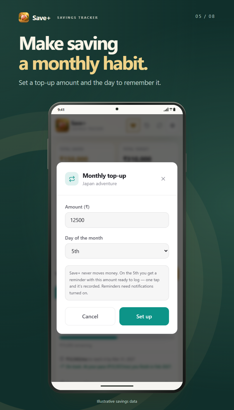 Save+: Monthly top-ups. Set a top-up amount and a day to help make saving a regular habit.