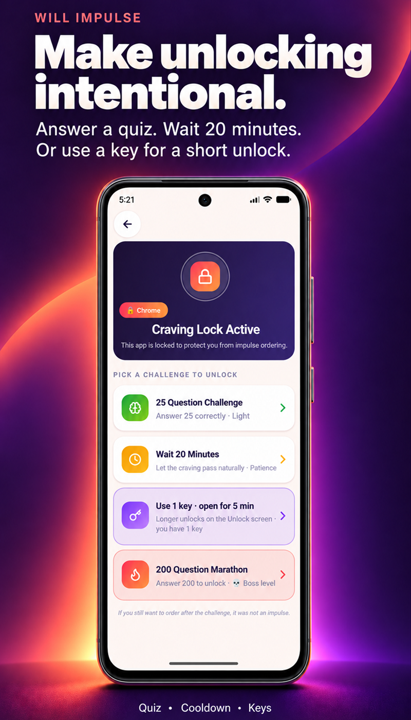 Will Impulse: Intentional unlocking. Answer a quiz, wait through a cooldown or use a key for a short unlock.