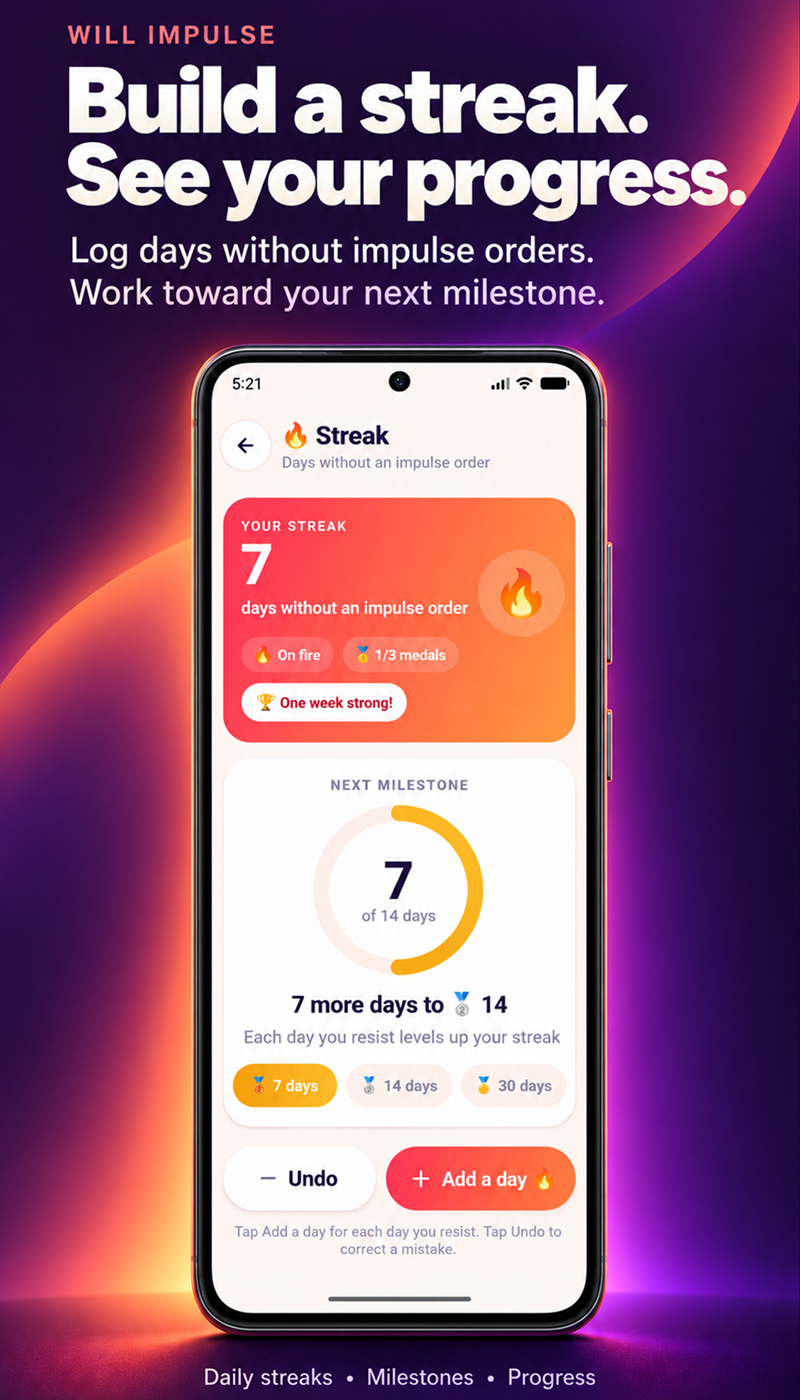 Will Impulse: Build your streak. Log days without impulse orders and follow your next milestone.